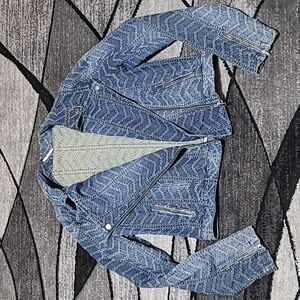 FREE PEOPLE FULL-ZIP HERRINGBONE PATTERN DENIM JACKET